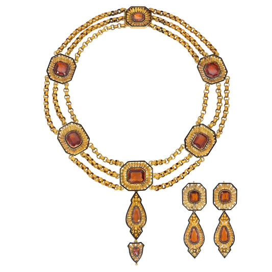Austrian Victorian 18KT Yellow Gold Hessonite Garnet & Enamel Set front