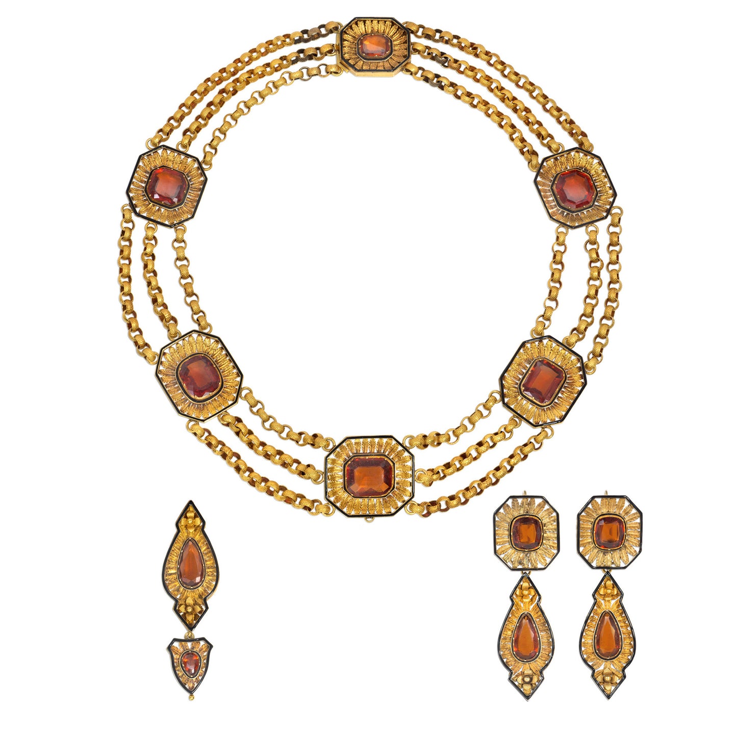 Austrian Victorian 18KT Yellow Gold Hessonite Garnet & Enamel Set front