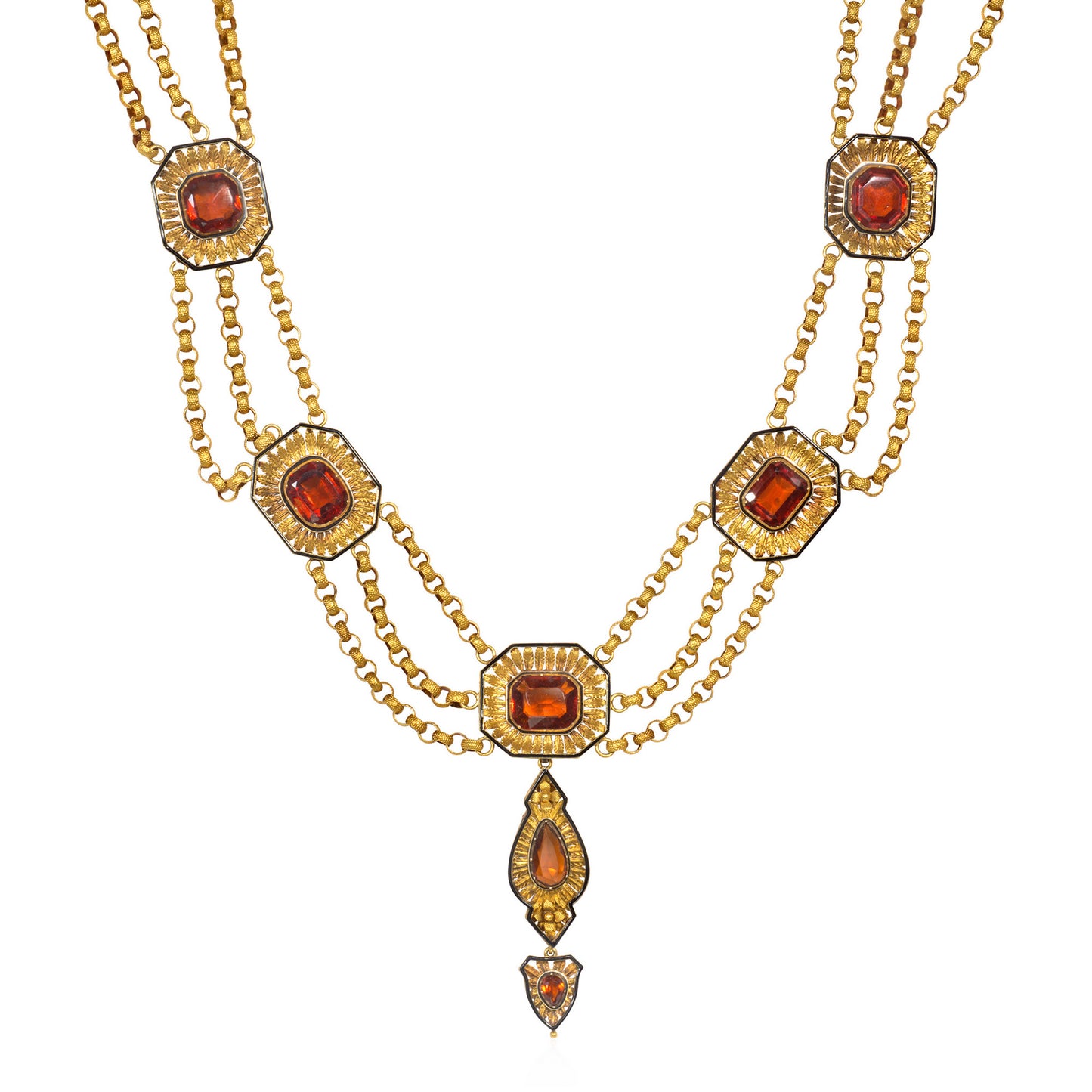 Austrian Victorian 18KT Yellow Gold Hessonite Garnet & Enamel Set front