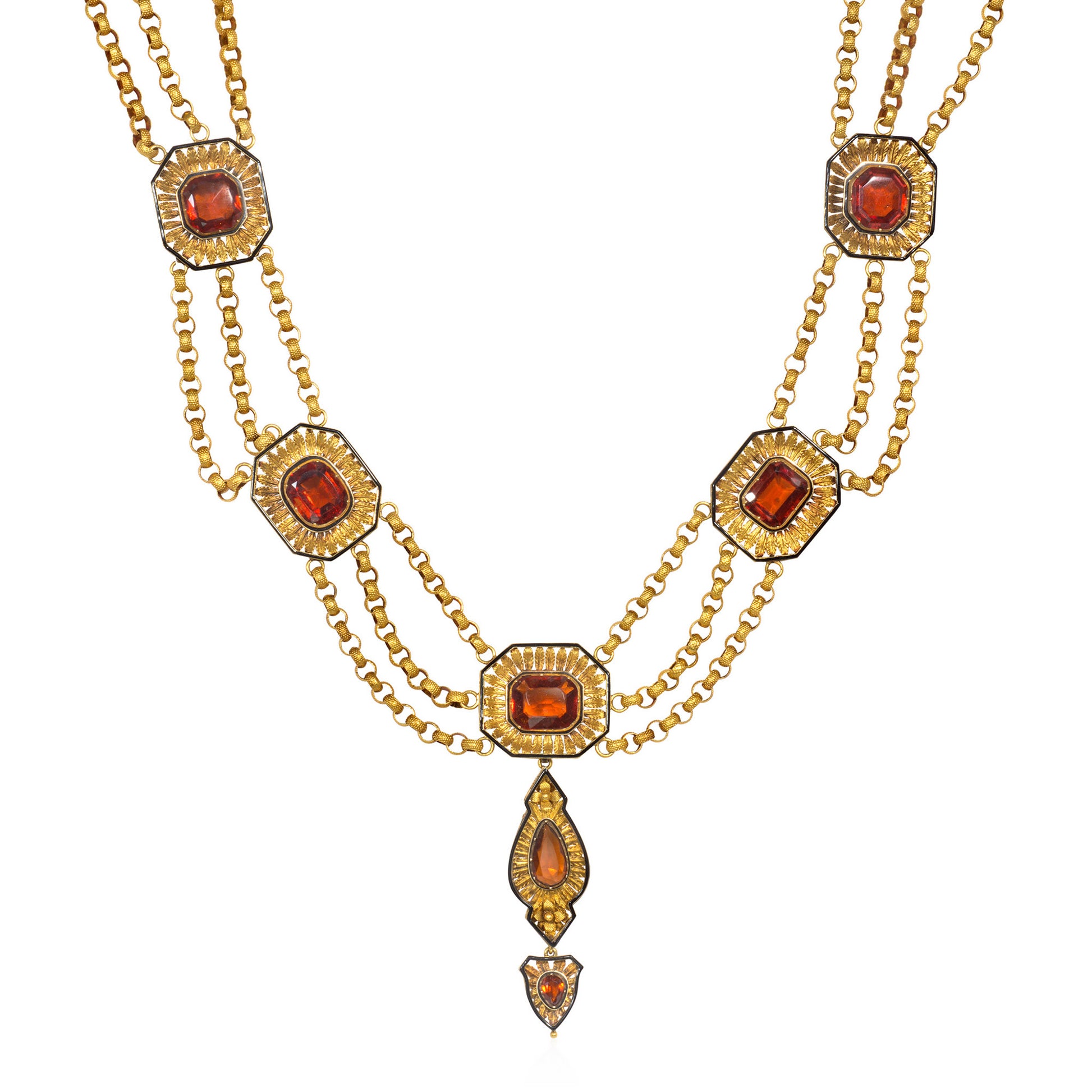 Austrian Victorian 18KT Yellow Gold Hessonite Garnet & Enamel Set front