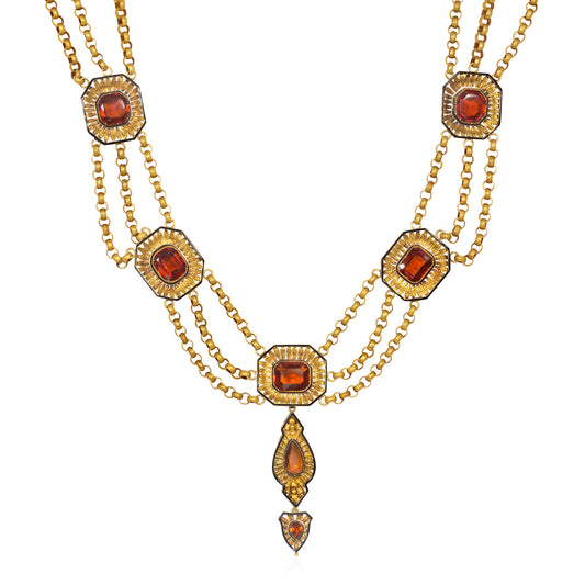 Austrian Victorian 18KT Yellow Gold Hessonite Garnet & Enamel Set front