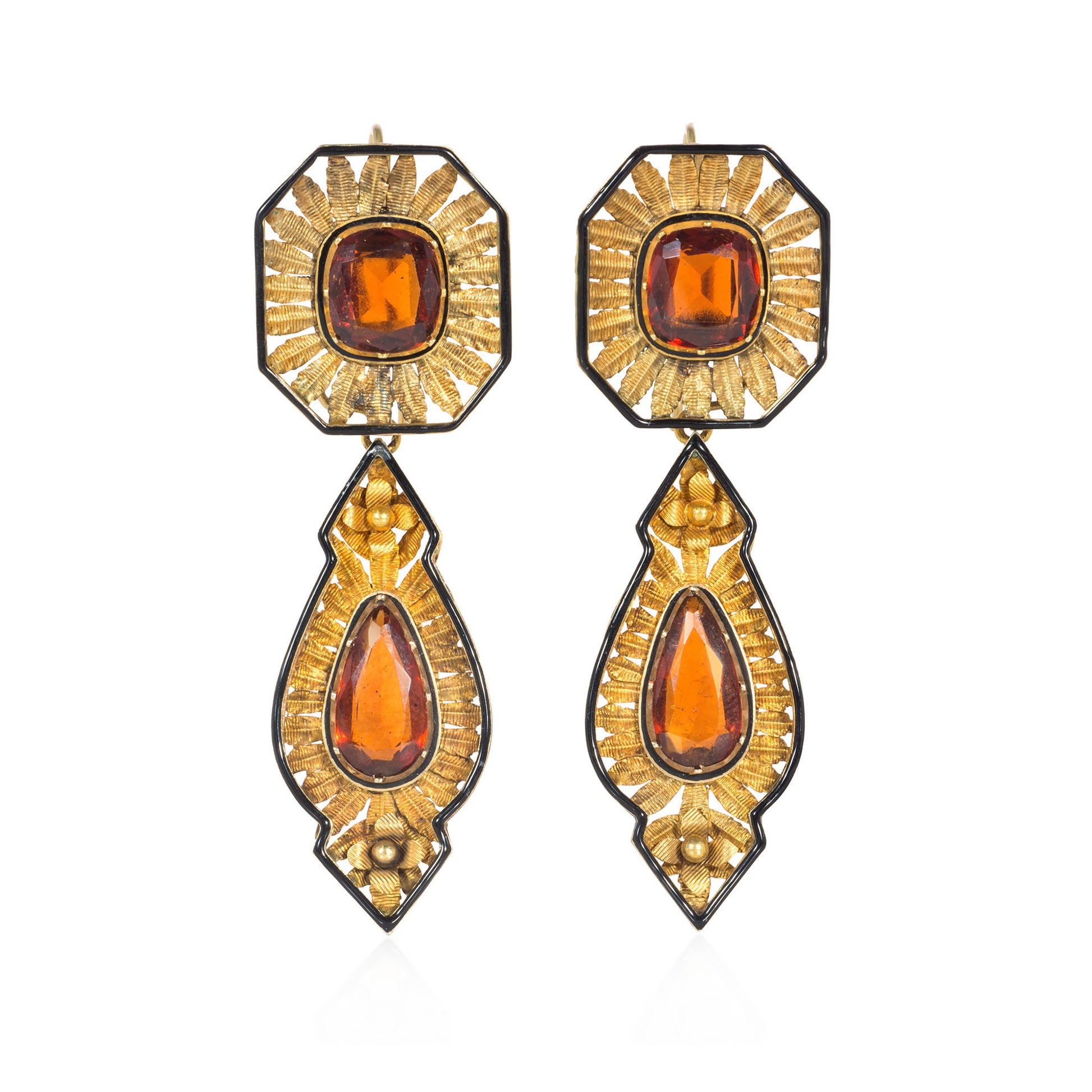 Austrian Victorian 18KT Yellow Gold Hessonite Garnet & Enamel Set front