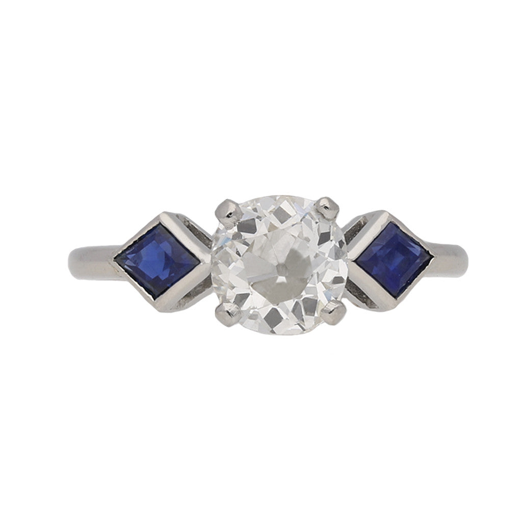 English 1960s Platinum Diamond & Sapphire Ring front