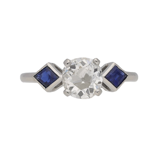 English 1960s Platinum Diamond & Sapphire Ring front