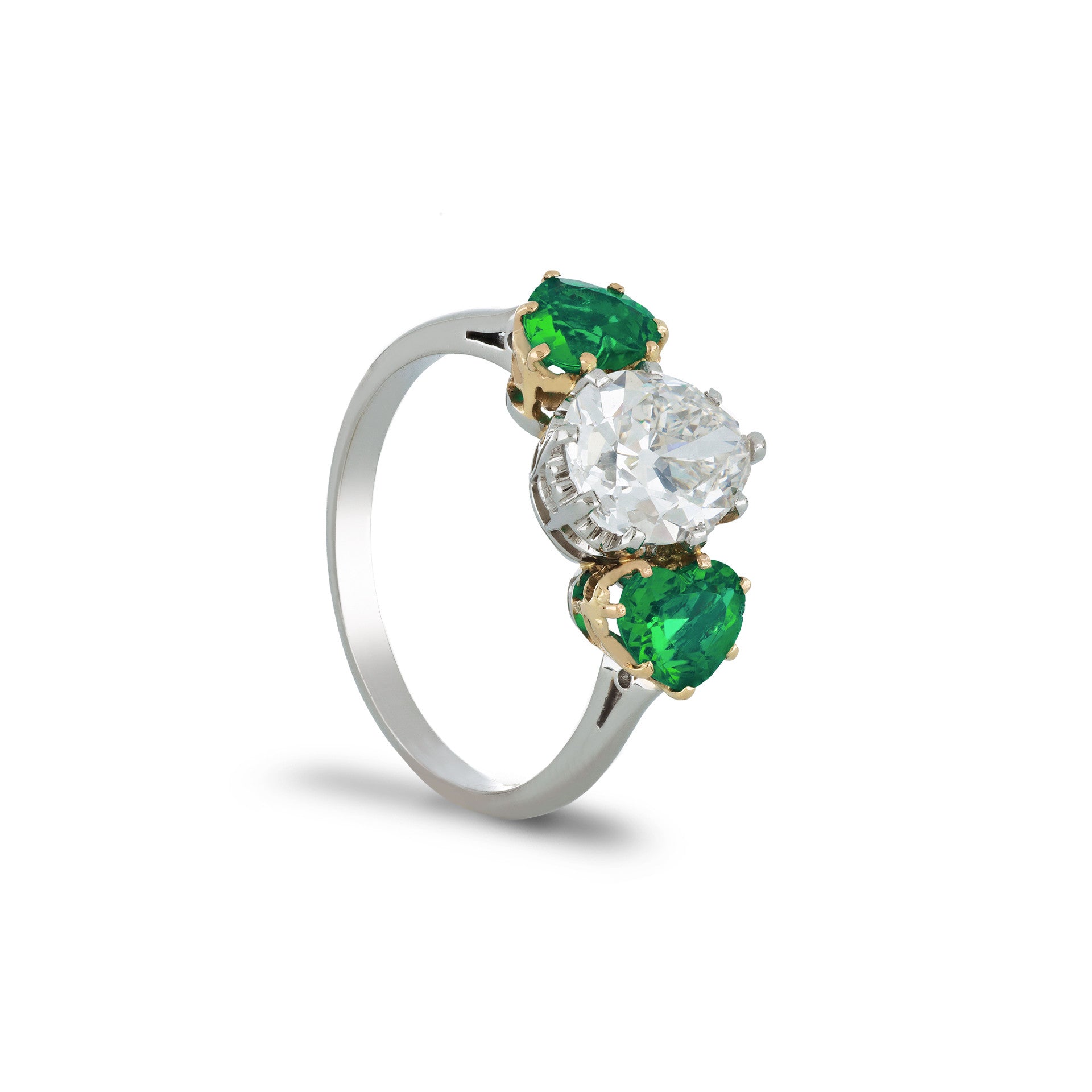 Art Deco Platinum & 18KT Yellow Gold Diamond & Emerald Ring side
