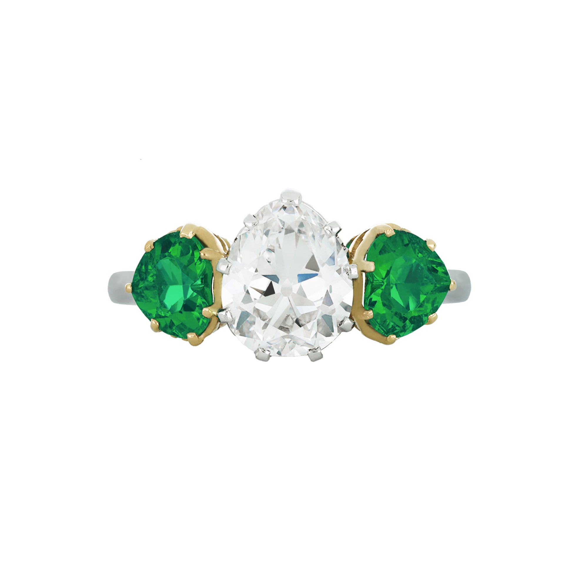Art Deco Platinum & 18KT Yellow Gold Diamond & Emerald Ring front