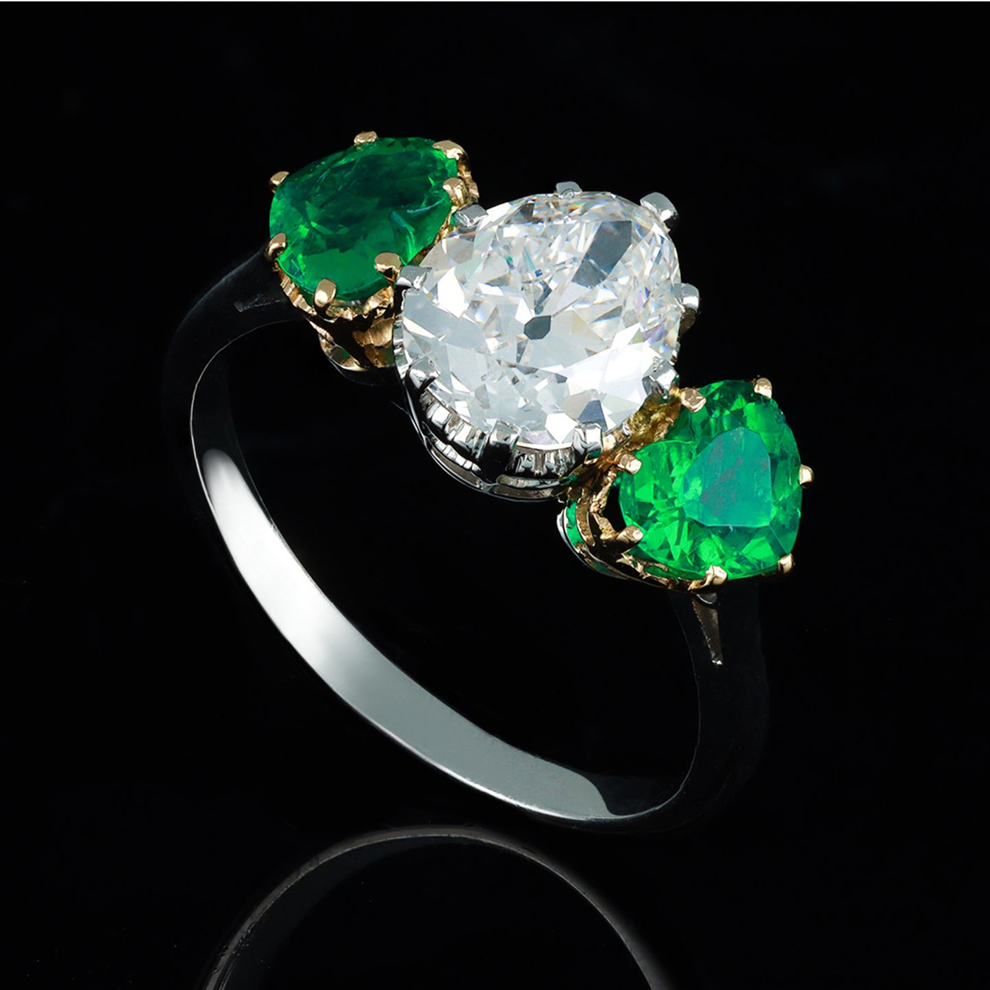 Art Deco Platinum & 18KT Yellow Gold Diamond & Emerald Ring front