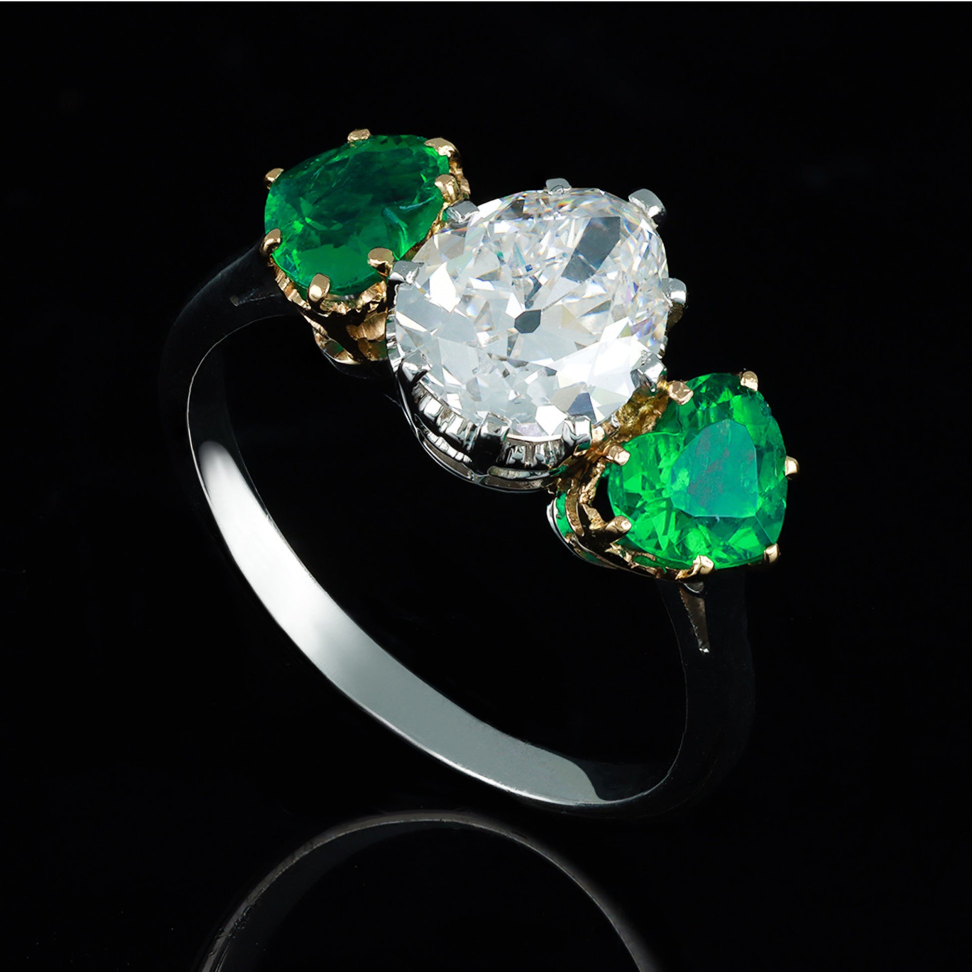 Art Deco Platinum & 18KT Yellow Gold Diamond & Emerald Ring front