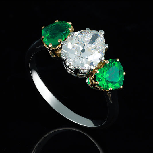 Art Deco Platinum & 18KT Yellow Gold Diamond & Emerald Ring front