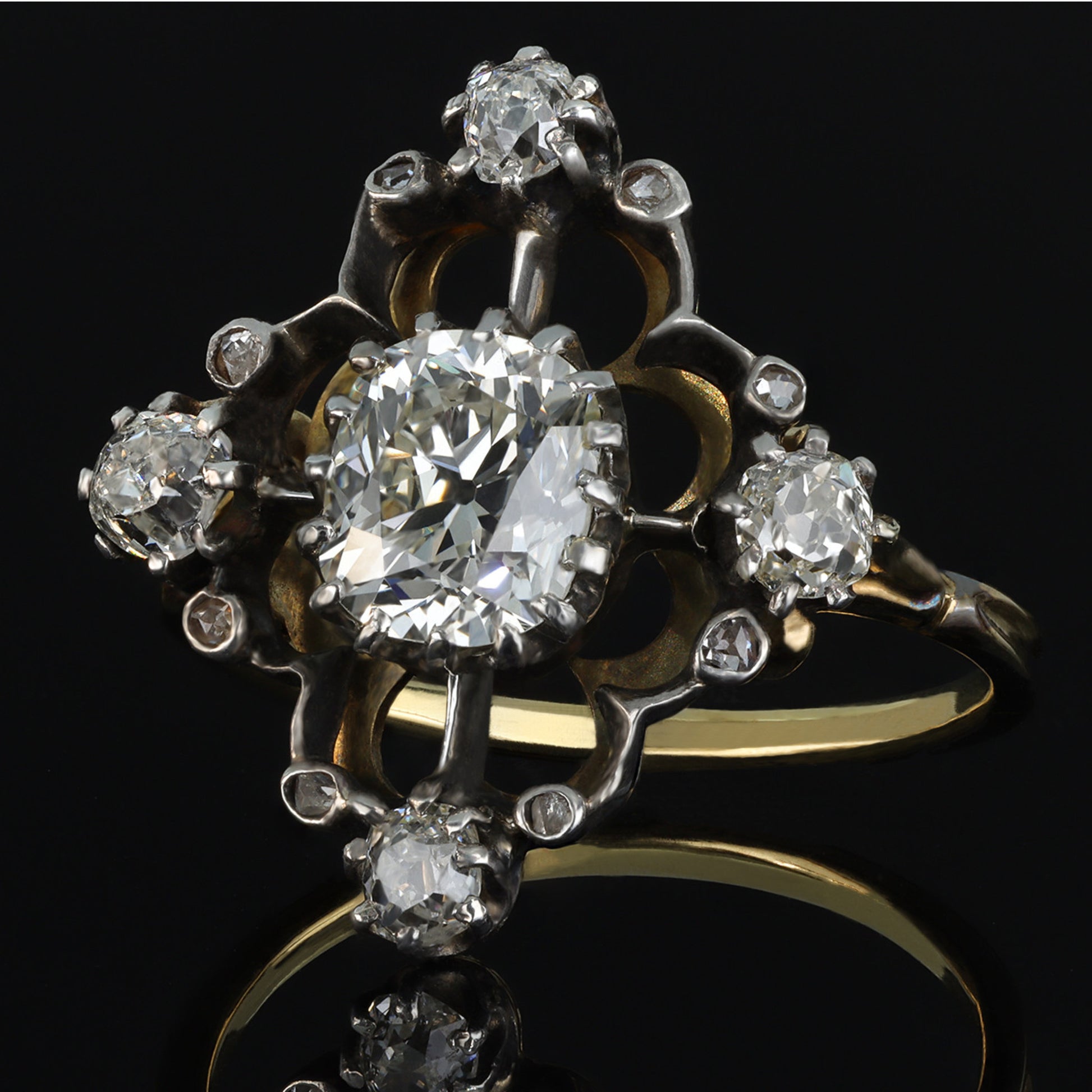 Victorian Silver & 18KT Yellow Gold Diamond Ring side