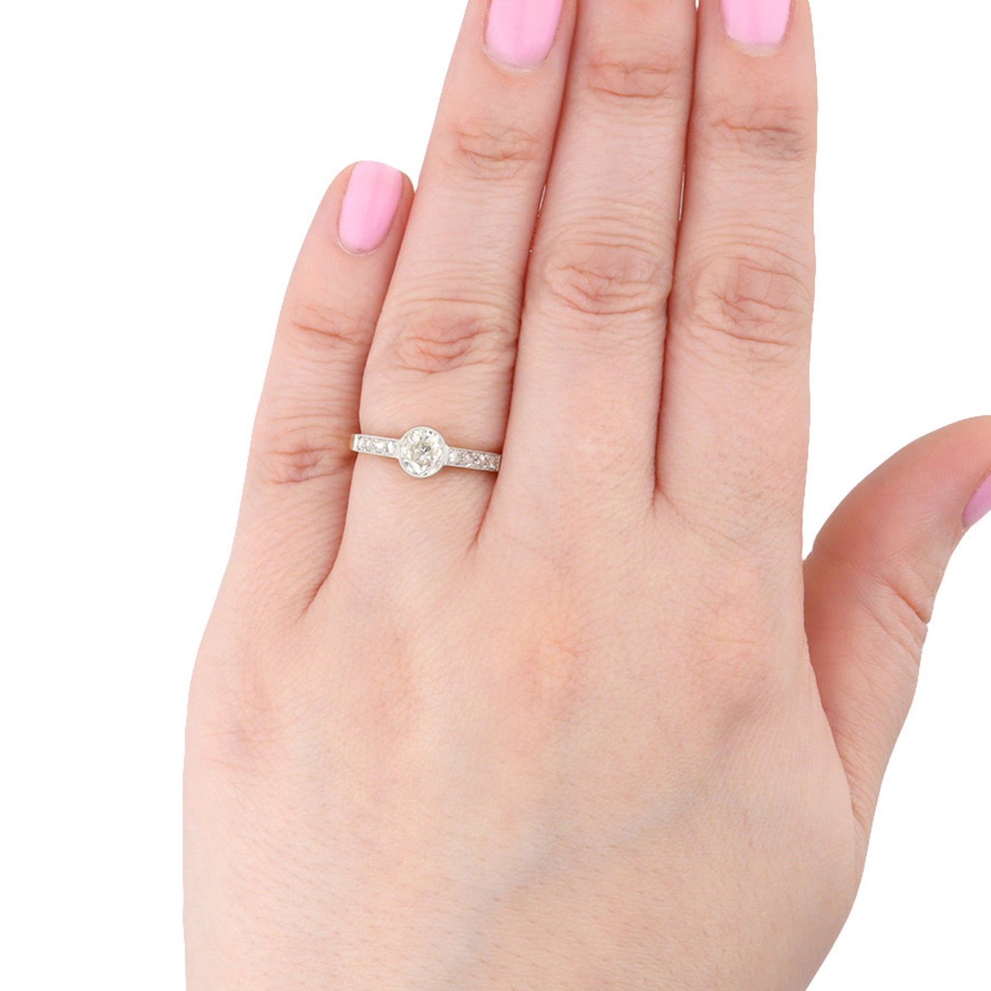 Edwardian Platinum & 18KT Yellow Gold Diamond Ring on finger