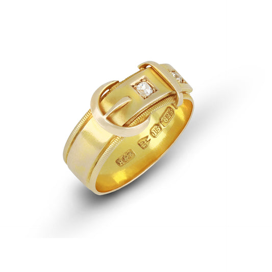 Henry Hyde & Sons English Victorian 15KT Yellow Gold Diamond Buckle Ring front