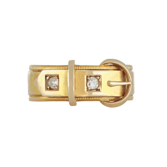 Henry Hyde & Sons English Victorian 15KT Yellow Gold Diamond Buckle Ring front