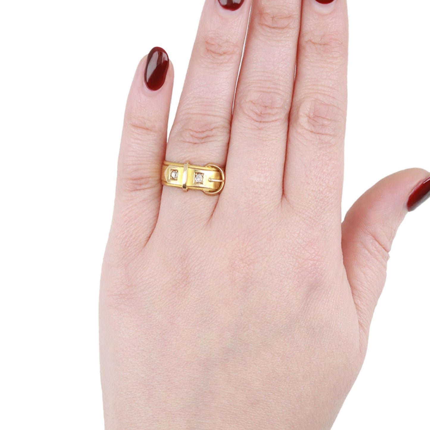 Henry Hyde & Sons English Victorian 15KT Yellow Gold Diamond Buckle Ring on finger