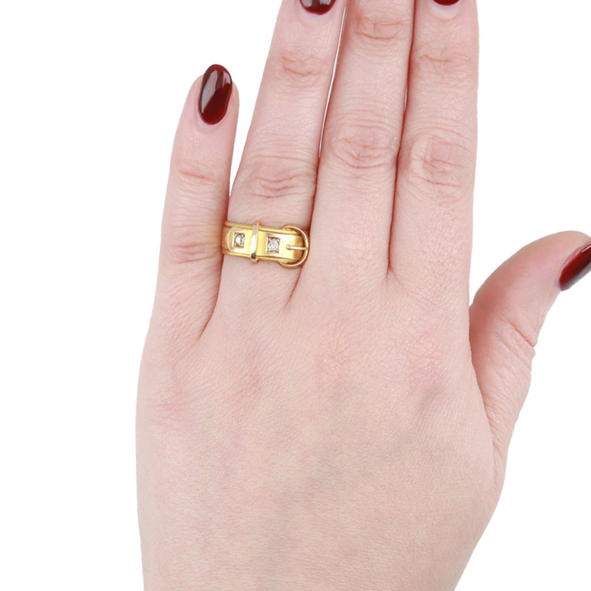 Henry Hyde & Sons English Victorian 15KT Yellow Gold Diamond Buckle Ring on finger
