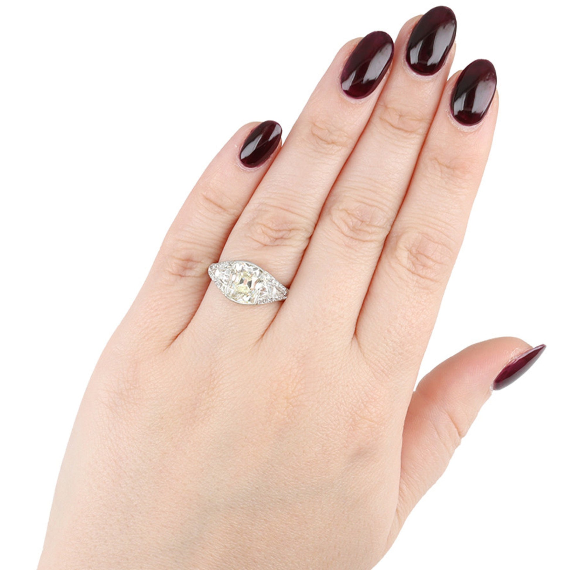 French Art Deco Platinum Diamond Ring on finger