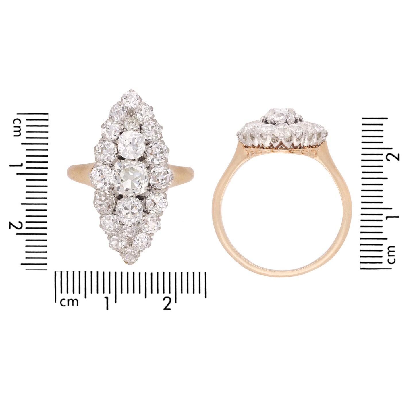 French Victorian Platinum & 18KT Rose Gold Diamond Ring front and profile