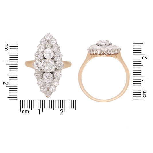 French Victorian Platinum & 18KT Rose Gold Diamond Ring front and profile