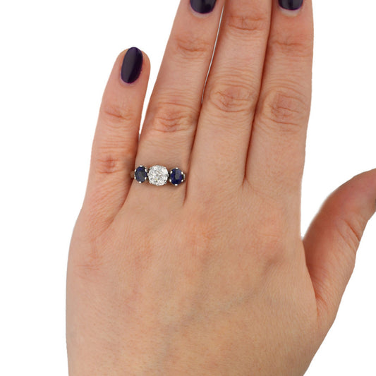 1950s Platinum Diamond & Sapphire Ring on finger