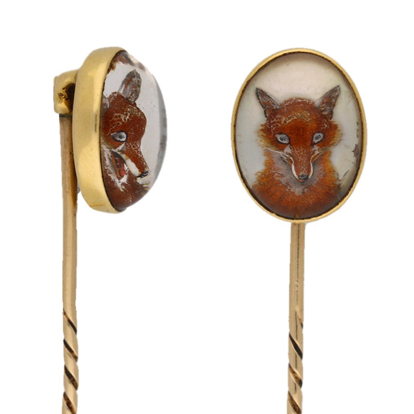 Victorian 18KT Yellow Gold Rock Crystal Fox Pin side and front