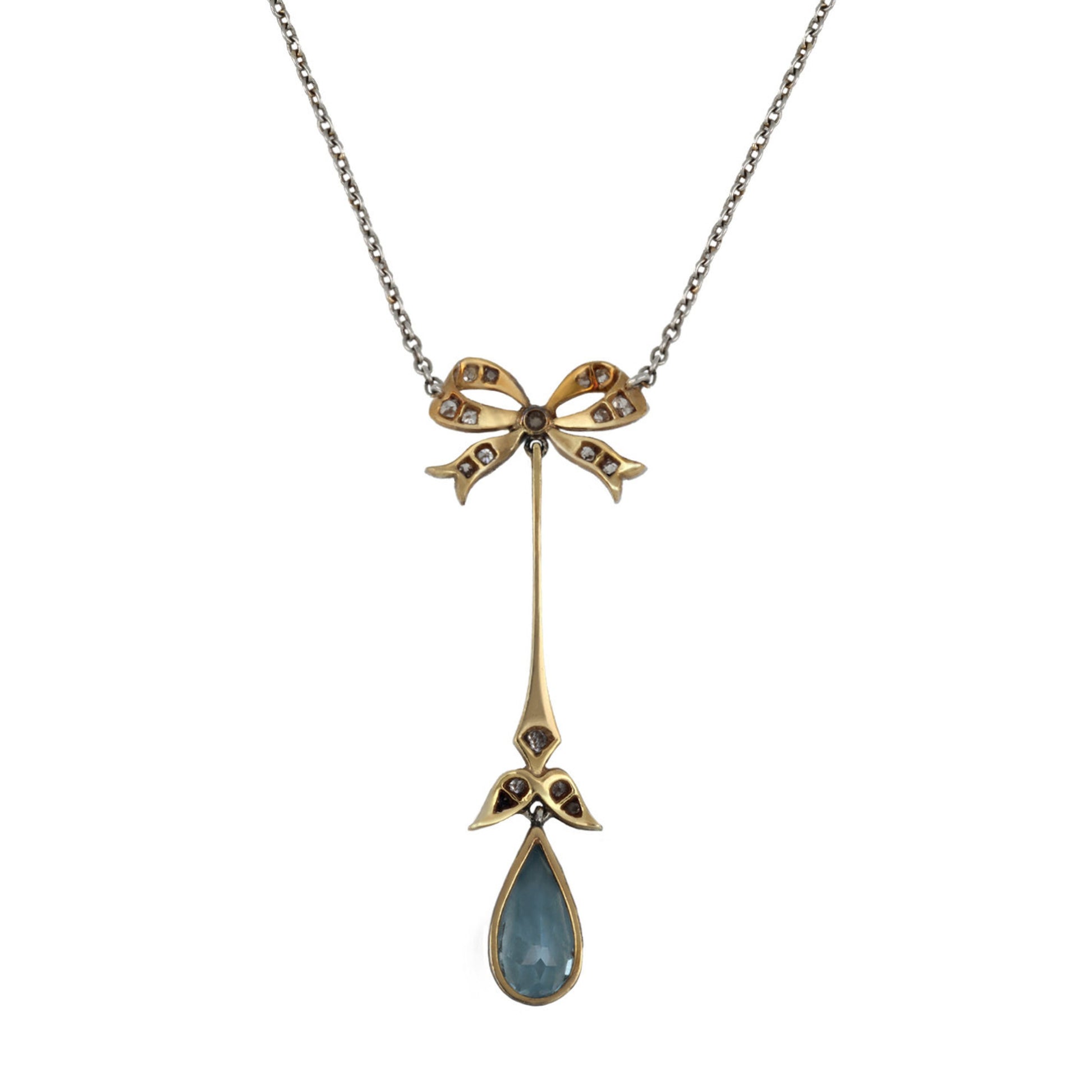 Edwardian Platinum & 18KT Yellow Gold Aquamarine & Diamond Necklace back
