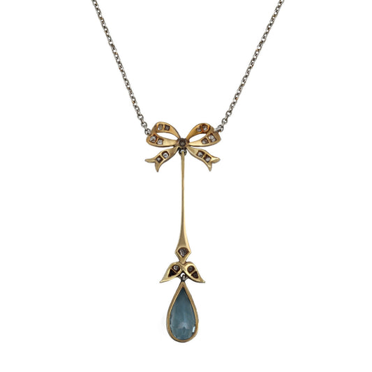 Edwardian Platinum & 18KT Yellow Gold Aquamarine & Diamond Necklace back