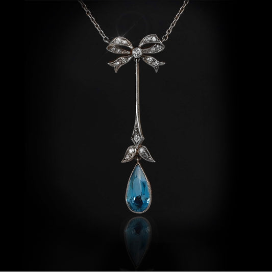 Edwardian Platinum & 18KT Yellow Gold Aquamarine & Diamond Necklace front