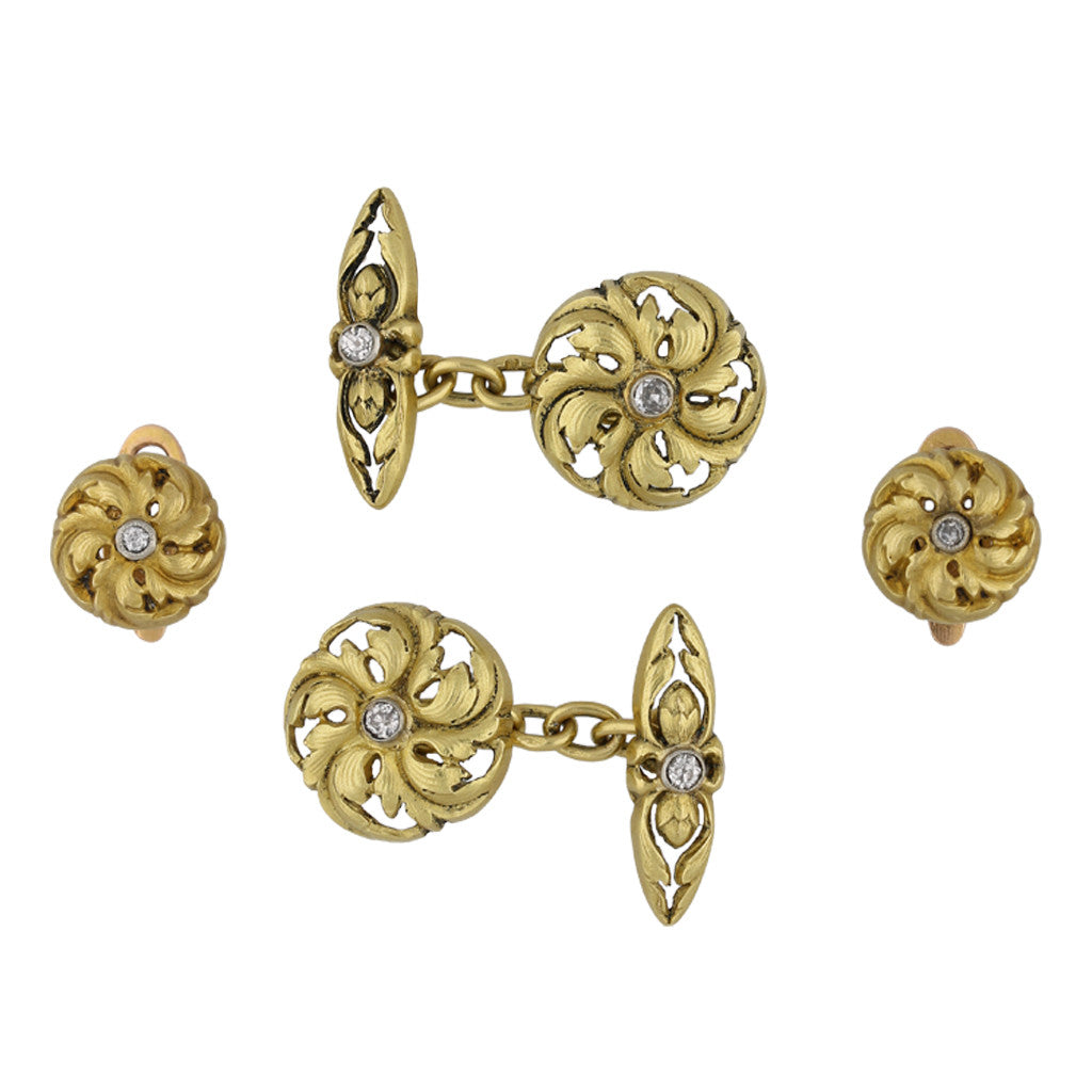 French Art Nouveau 18KT Yellow Gold Diamond Dress Set front