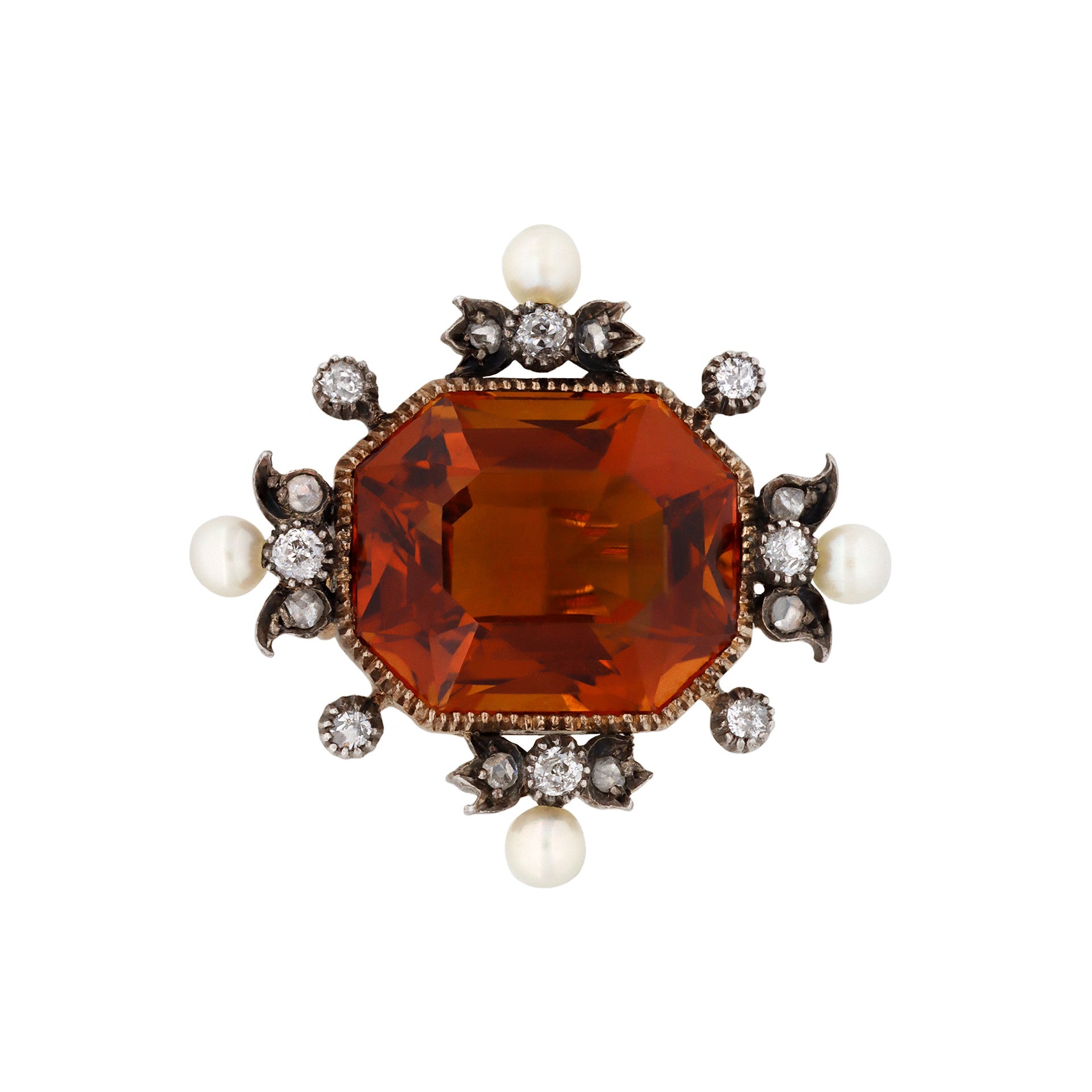 Victorian Silver & 18KT Rose Gold Citrine, Diamond & Natural Pearl Brooch front