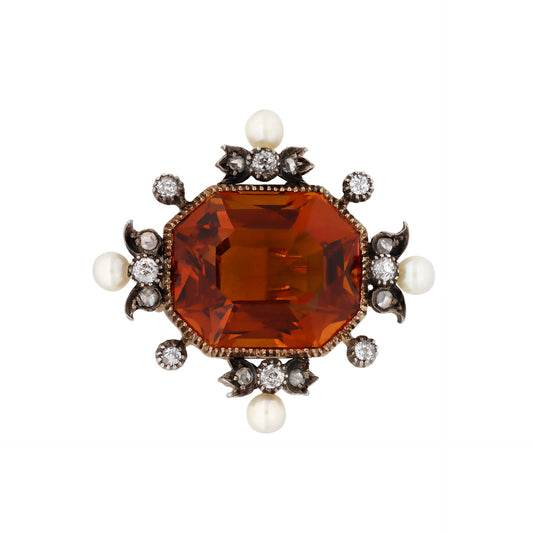 Victorian Silver & 18KT Rose Gold Citrine, Diamond & Natural Pearl Brooch front