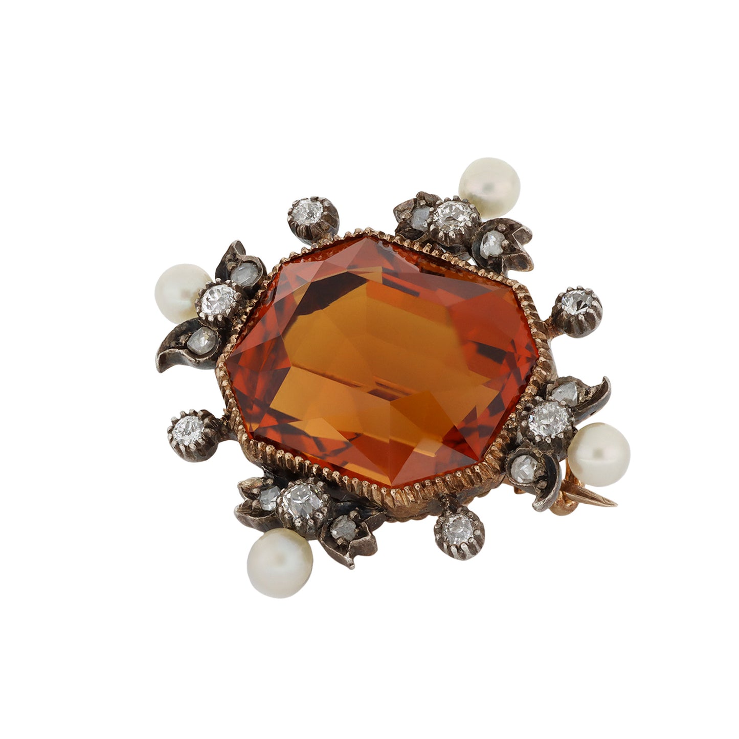 Victorian Silver & 18KT Rose Gold Citrine, Diamond & Natural Pearl Brooch front
