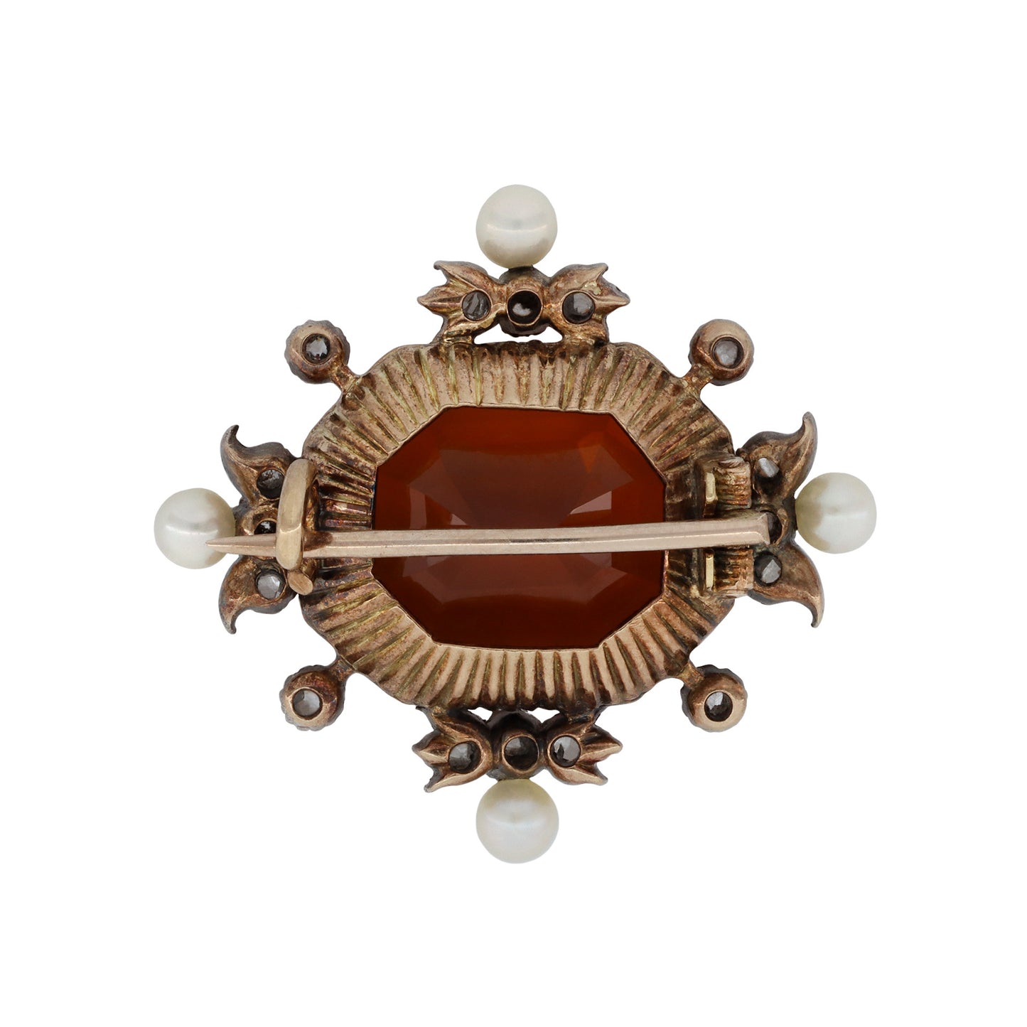 Victorian Silver & 18KT Rose Gold Citrine, Diamond & Natural Pearl Brooch back