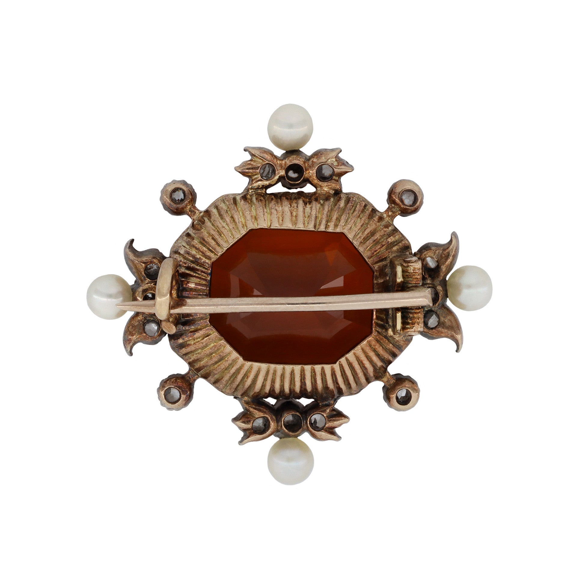 Victorian Silver & 18KT Rose Gold Citrine, Diamond & Natural Pearl Brooch back