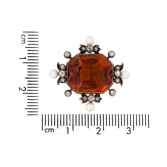 Victorian Silver & 18KT Rose Gold Citrine, Diamond & Natural Pearl Brooch measurements