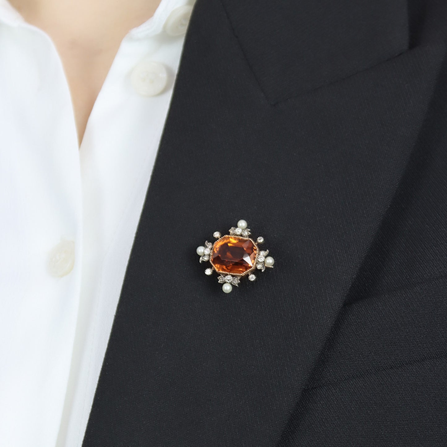 Victorian Silver & 18KT Rose Gold Citrine, Diamond & Natural Pearl Brooch on lapel