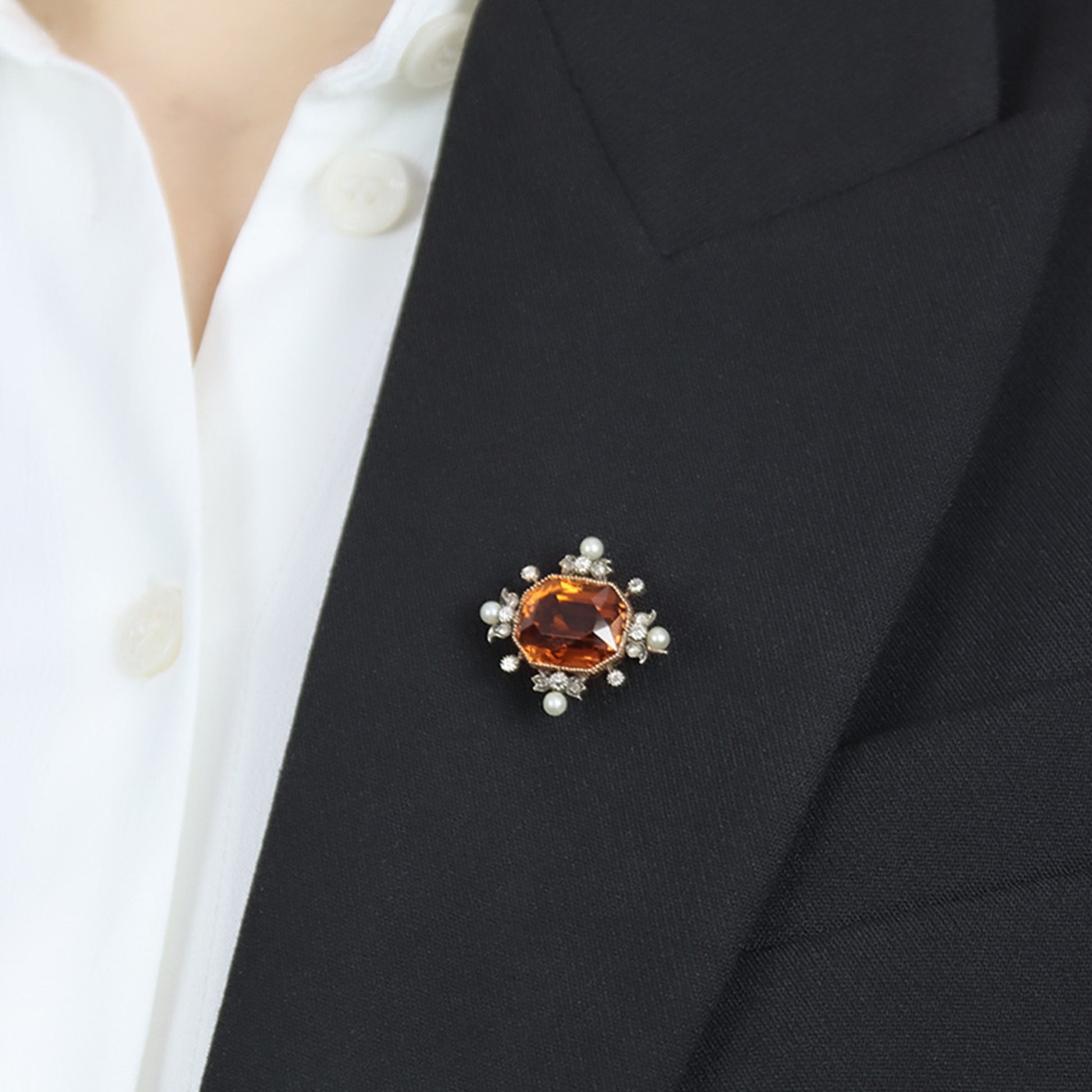Victorian Silver & 18KT Rose Gold Citrine, Diamond & Natural Pearl Brooch on lapel