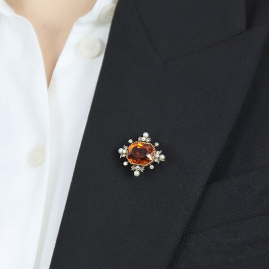 Victorian Silver & 18KT Rose Gold Citrine, Diamond & Natural Pearl Brooch on lapel