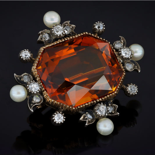 Victorian Silver & 18KT Rose Gold Citrine, Diamond & Natural Pearl Brooch front
