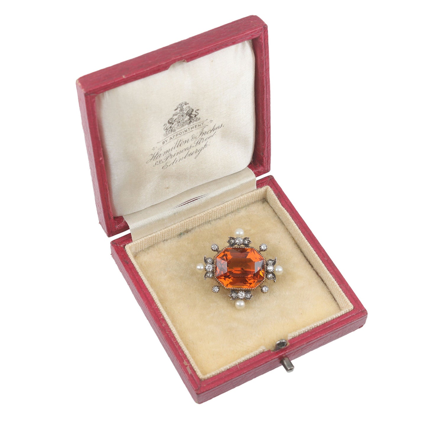 Victorian Silver & 18KT Rose Gold Citrine, Diamond & Natural Pearl Brooch in box