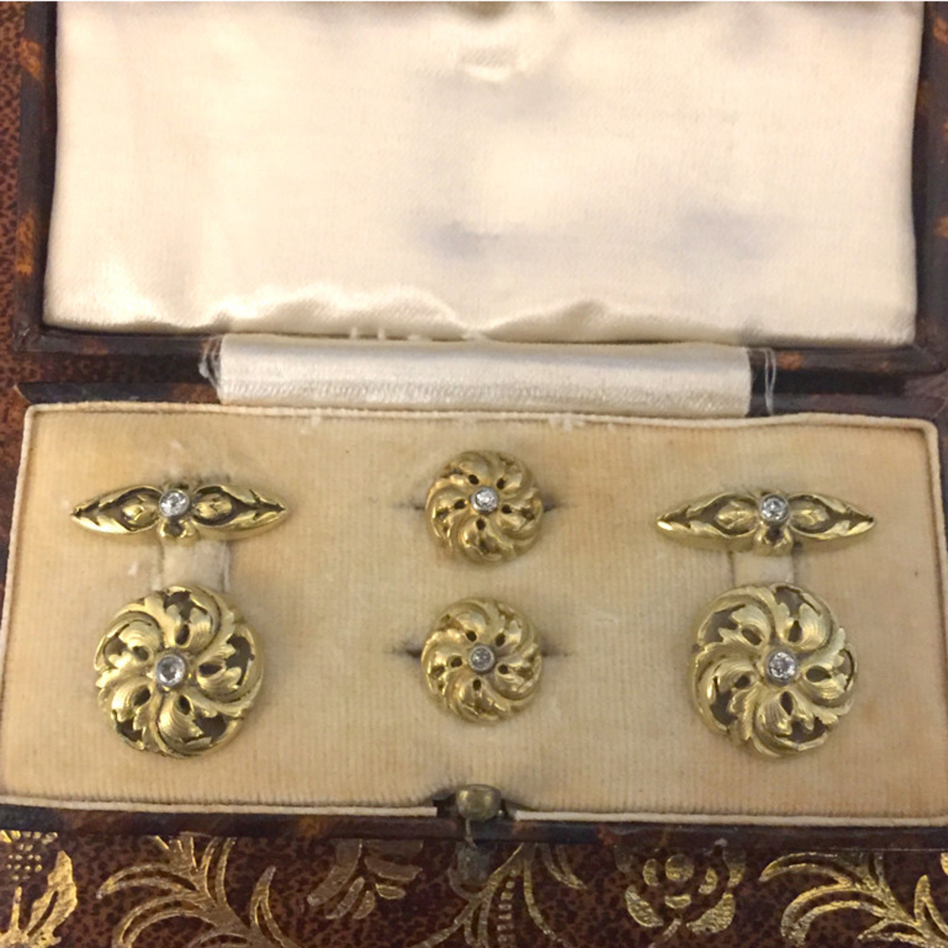 French Art Nouveau 18KT Yellow Gold Diamond Dress Set in box