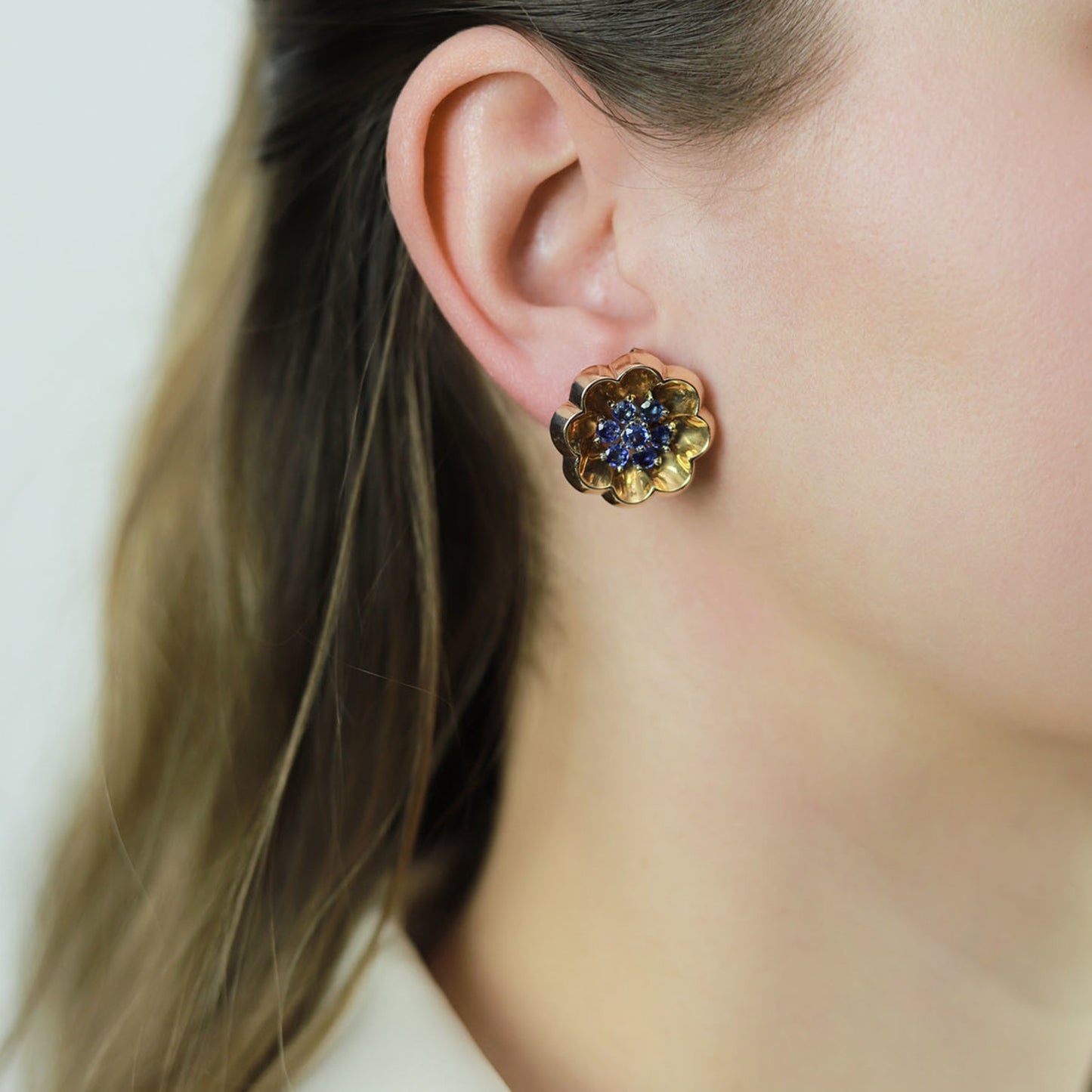 J.E. Caldwell American 1940s 14KT Rose & White Gold Sapphire Earrings on ear