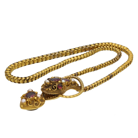 Cartier Victorian 15KT Yellow Gold Garnet & Natural Pearl Snake Necklace front