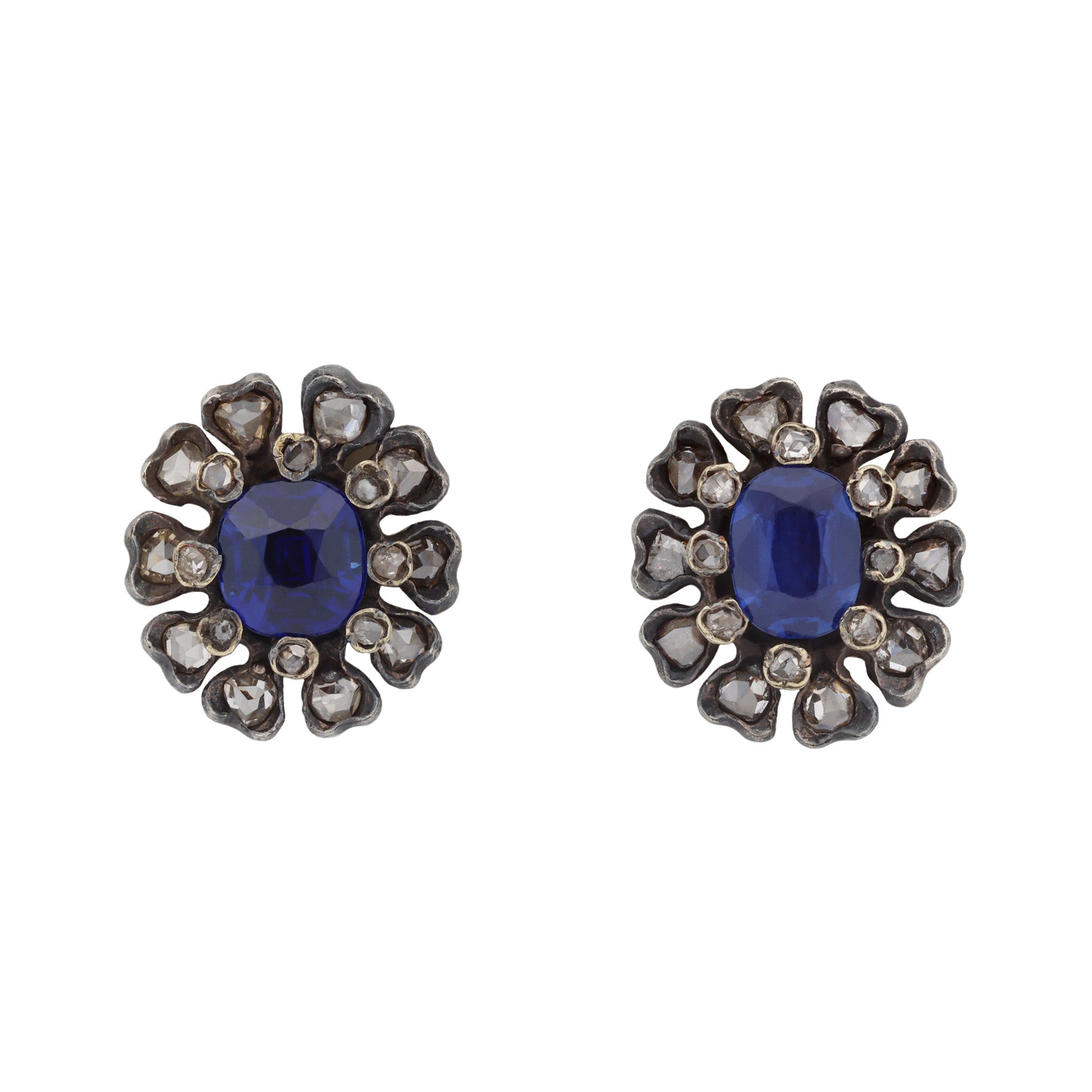 Victorian Silver & 18KT Yellow Gold Sapphire & Diamond Earrings front