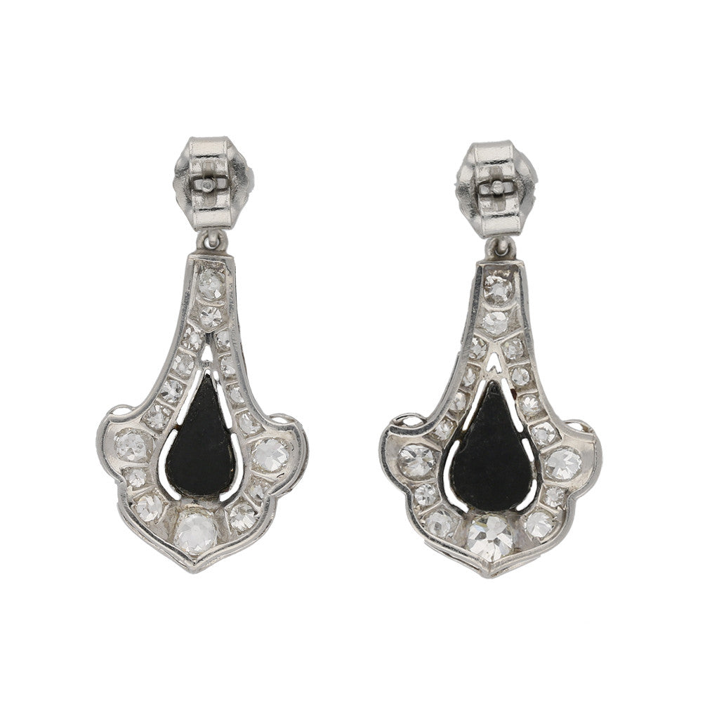 Art Deco Platinum Onyx & Diamond Earrings back