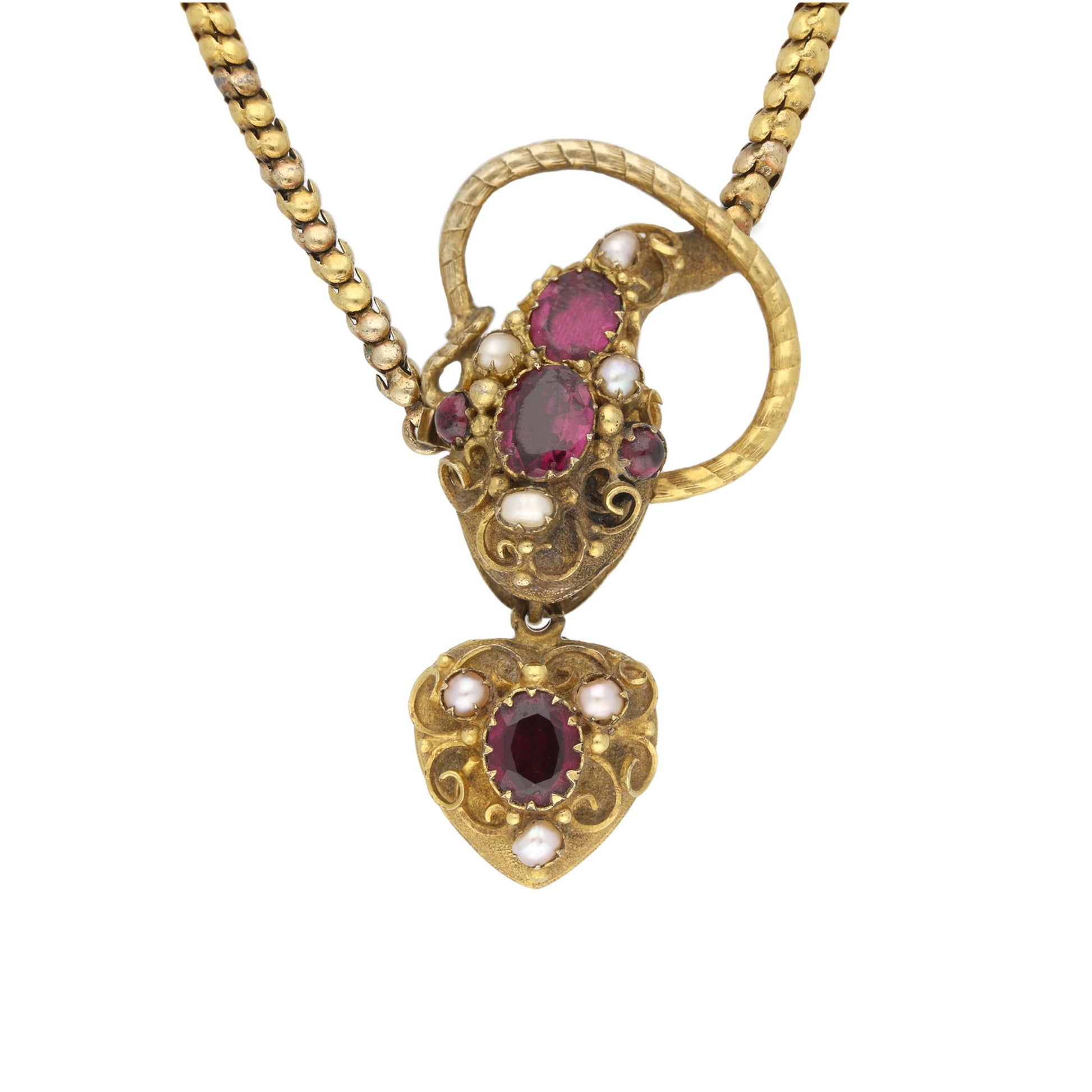 Cartier Victorian 15KT Yellow Gold Garnet & Natural Pearl Snake Necklace front