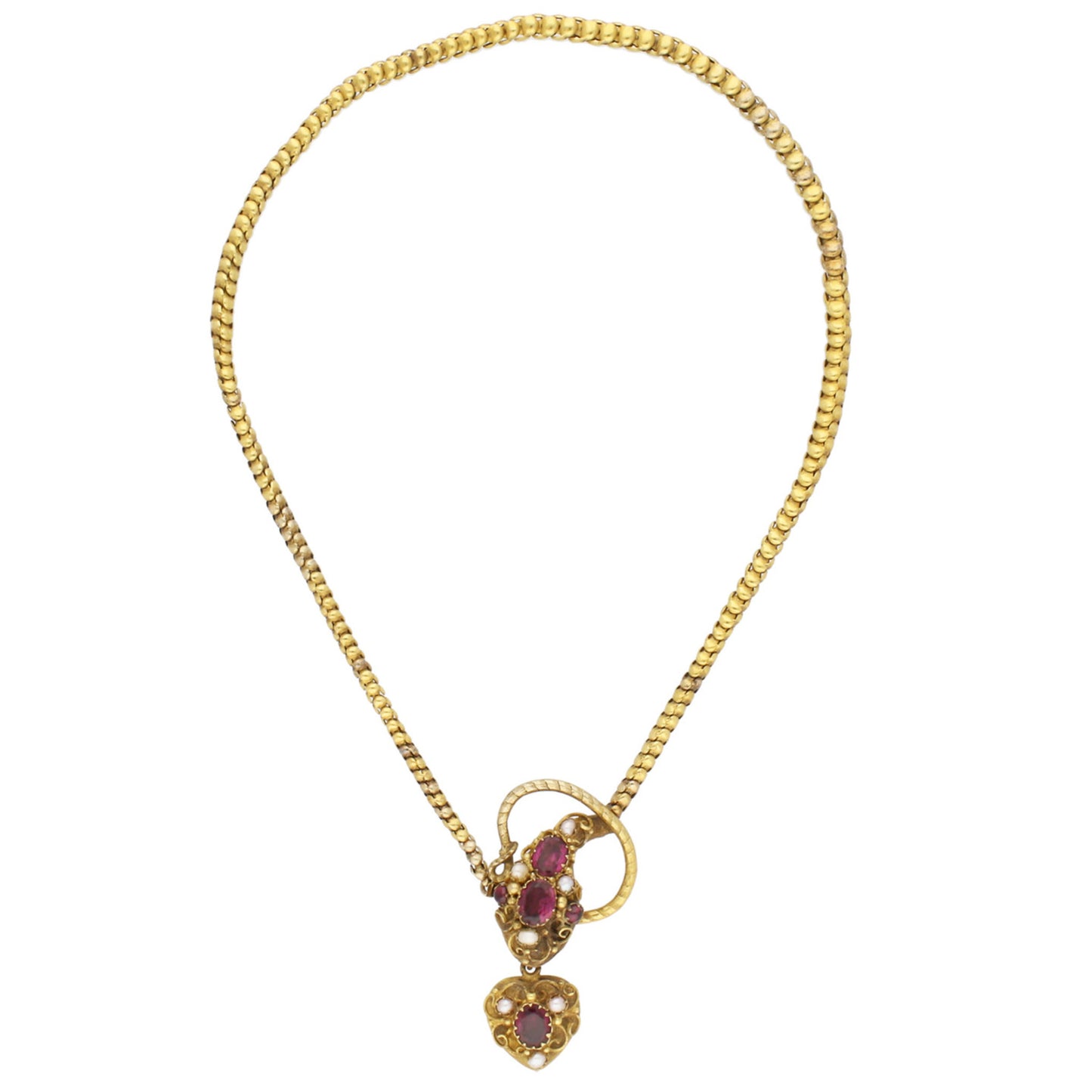 Cartier Victorian 15KT Yellow Gold Garnet & Natural Pearl Snake Necklace front