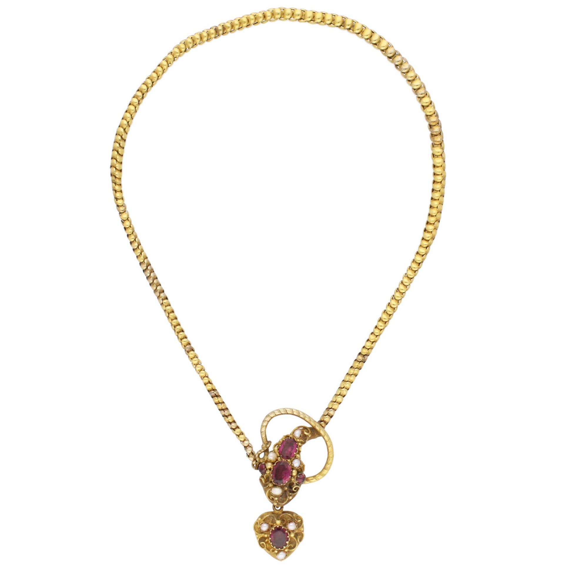 Cartier Victorian 15KT Yellow Gold Garnet & Natural Pearl Snake Necklace front