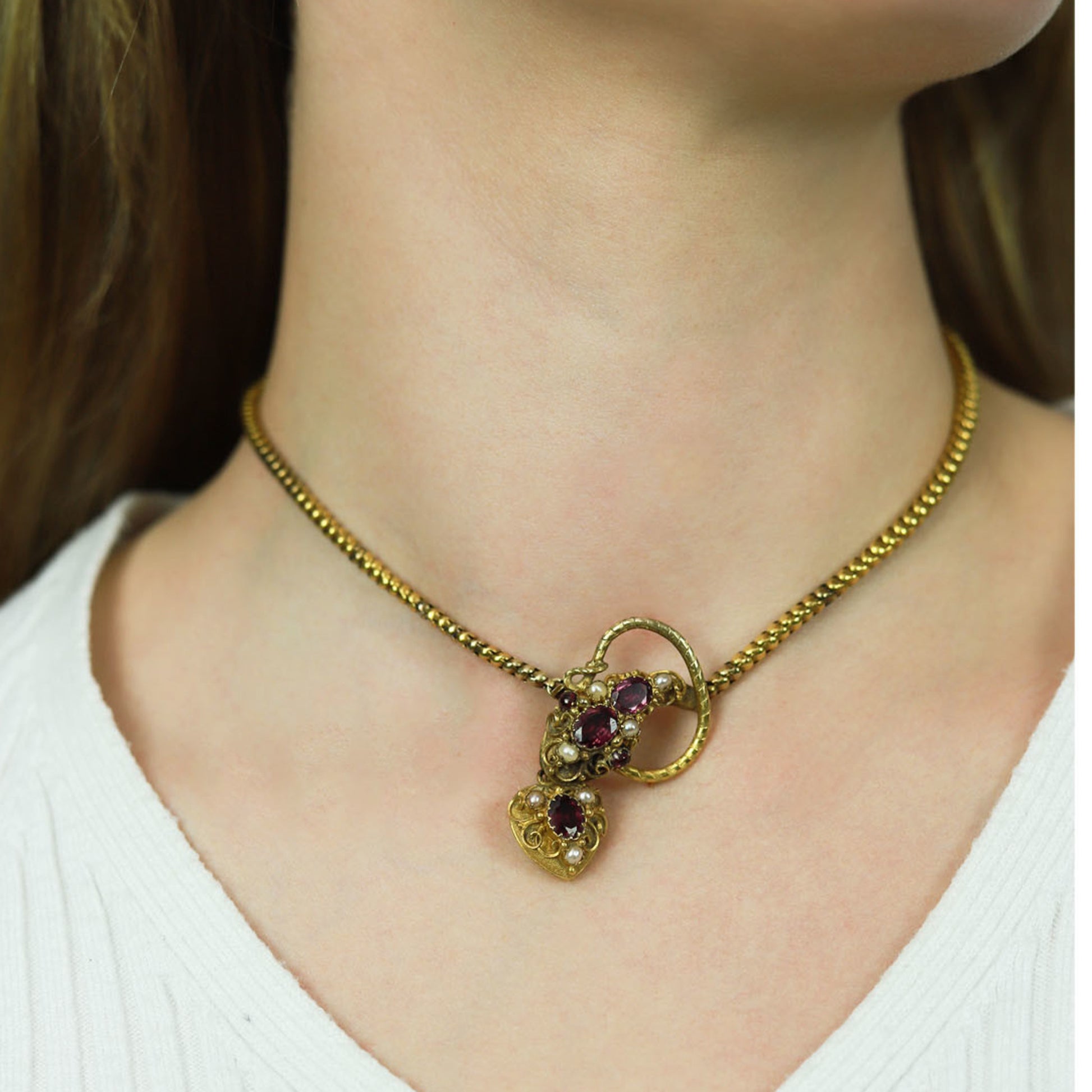 Cartier Victorian 15KT Yellow Gold Garnet & Natural Pearl Snake Necklace on neck