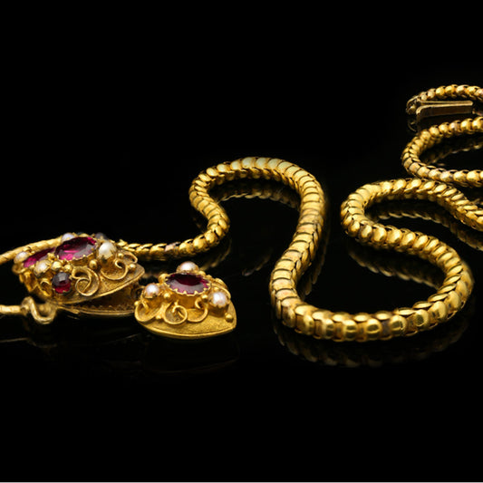 Cartier Victorian 15KT Yellow Gold Garnet & Natural Pearl Snake Necklace front