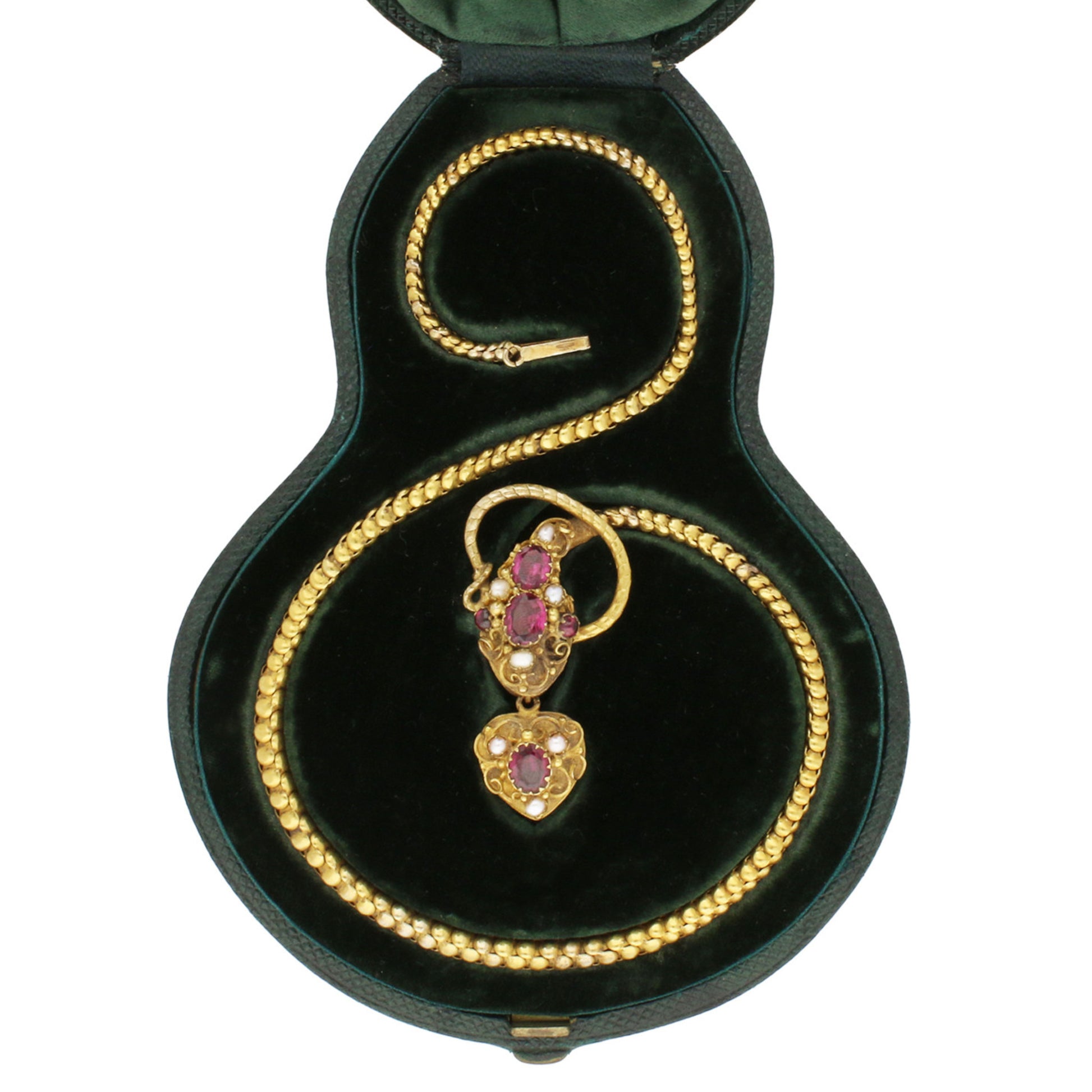 Cartier Victorian 15KT Yellow Gold Garnet & Natural Pearl Snake Necklace in box